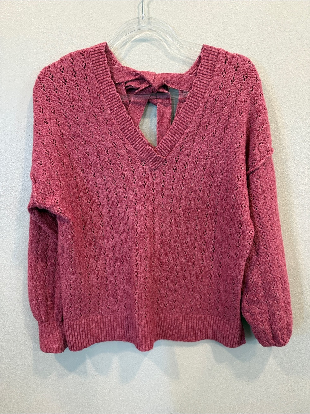 Francesca's Collections Rose-Pink V-Neck Open Knit Sweater with Back Tie